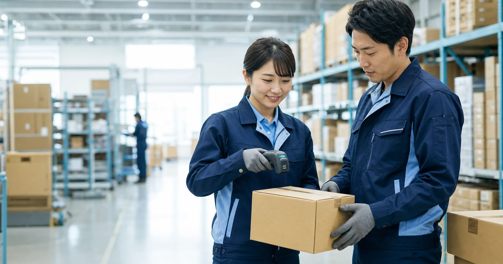 ハンディ端末で荷物を検品する倉庫作業のイメージ